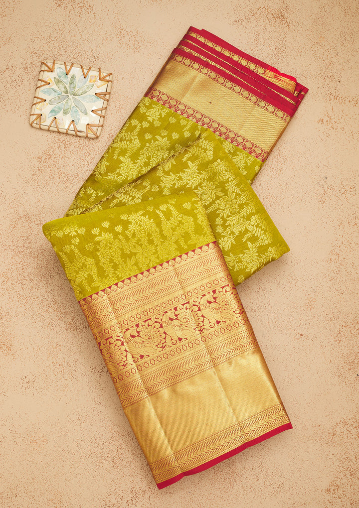 Parrot Green Zariwork Pure Silk Saree