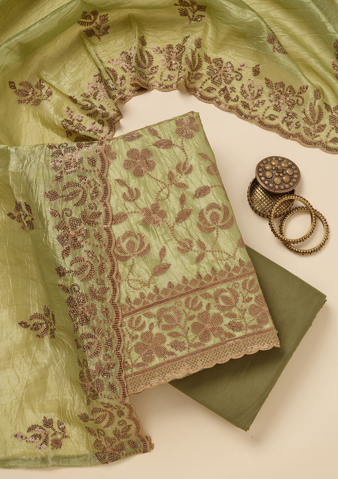 Pista Green Zariwork Raw Silk Unstitched Salwar Suit