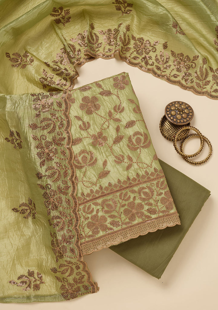 Pista Green Zariwork Raw Silk Unstitched Salwar Suit
