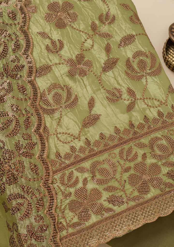 Pista Green Zariwork Raw Silk Unstitched Salwar Suit