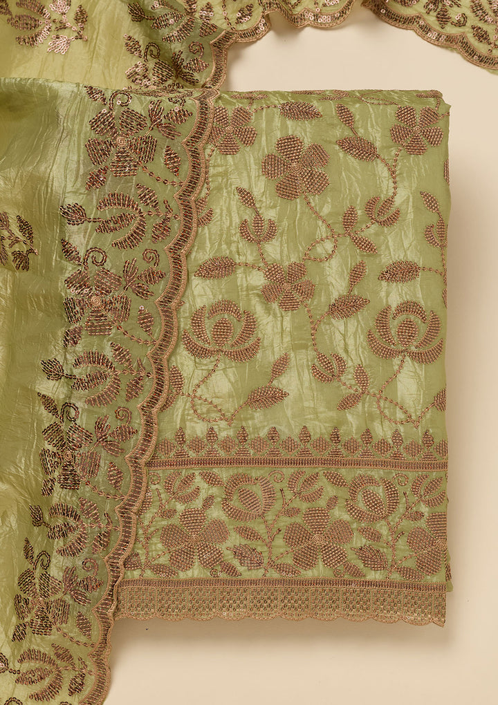 Pista Green Zariwork Raw Silk Unstitched Salwar Suit