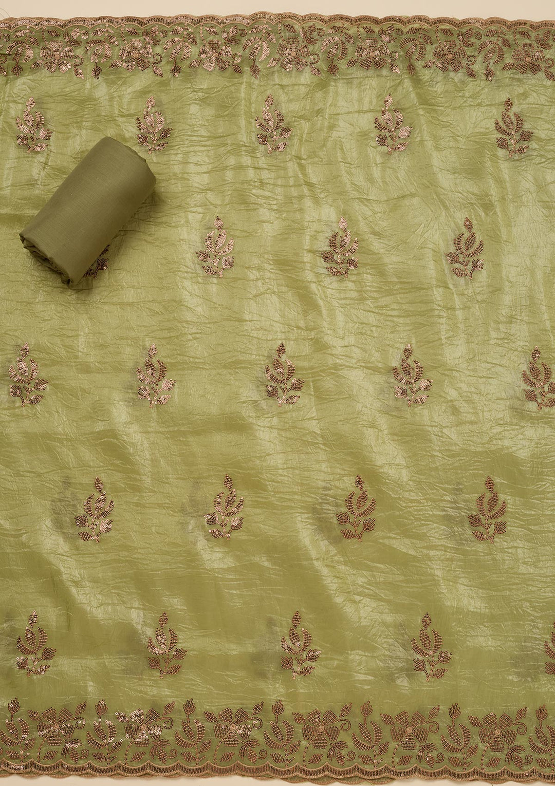 Pista Green Zariwork Raw Silk Unstitched Salwar Suit