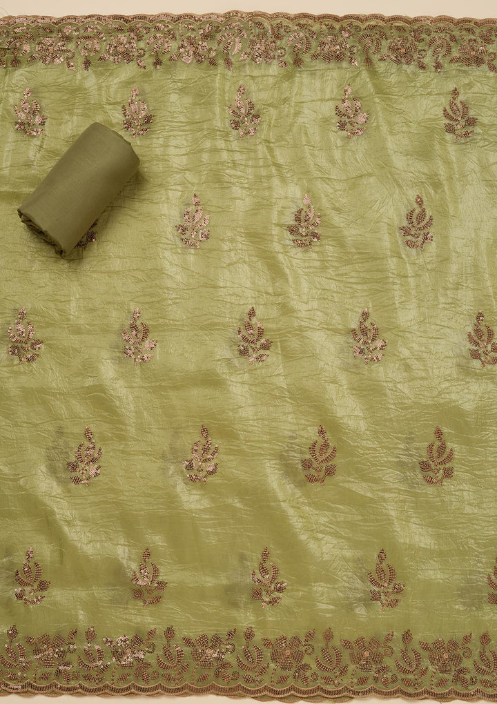Pista Green Zariwork Raw Silk Unstitched Salwar Suit