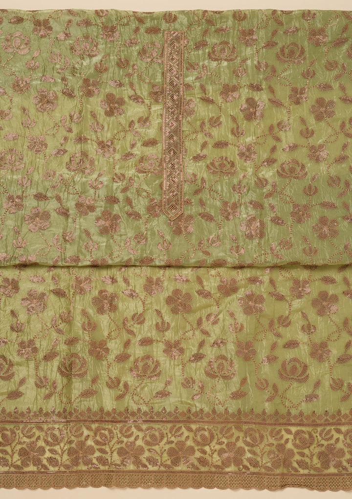 Pista Green Zariwork Raw Silk Unstitched Salwar Suit