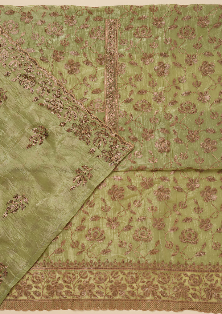 Pista Green Zariwork Raw Silk Unstitched Salwar Suit