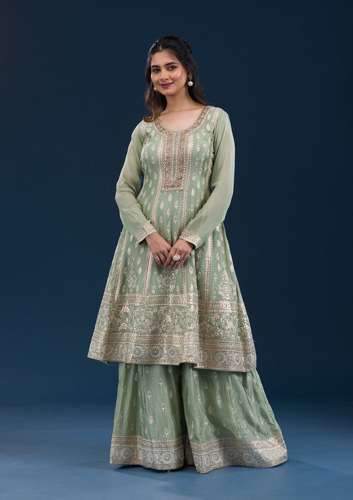 Pista Green Zariwork Semi Crepe Readymade Salwar Suit