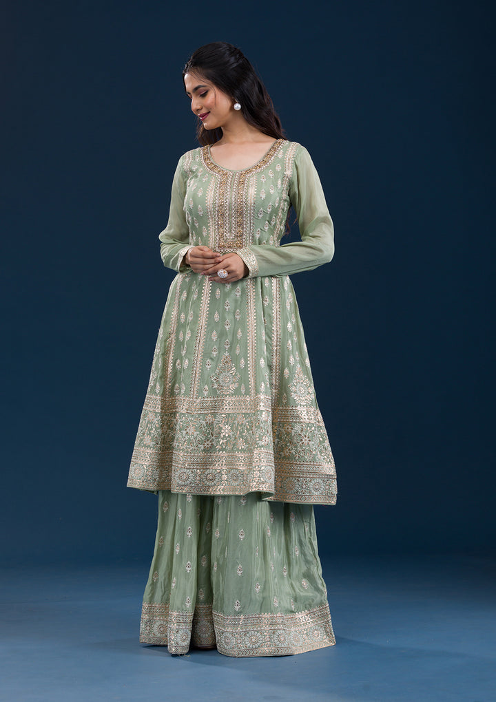 Pista Green Zariwork Semi Crepe Readymade Salwar Suit