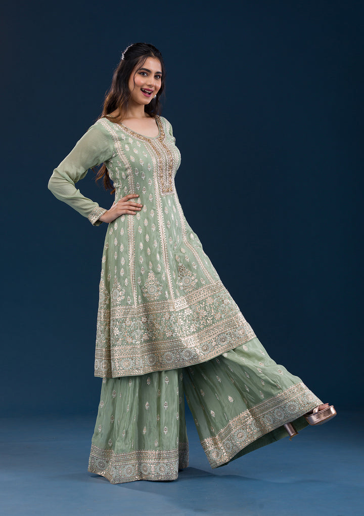 Pista Green Zariwork Semi Crepe Readymade Salwar Suit
