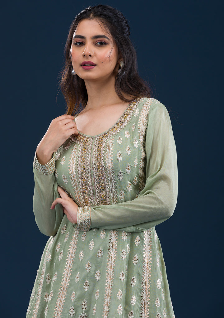 Pista Green Zariwork Semi Crepe Readymade Salwar Suit