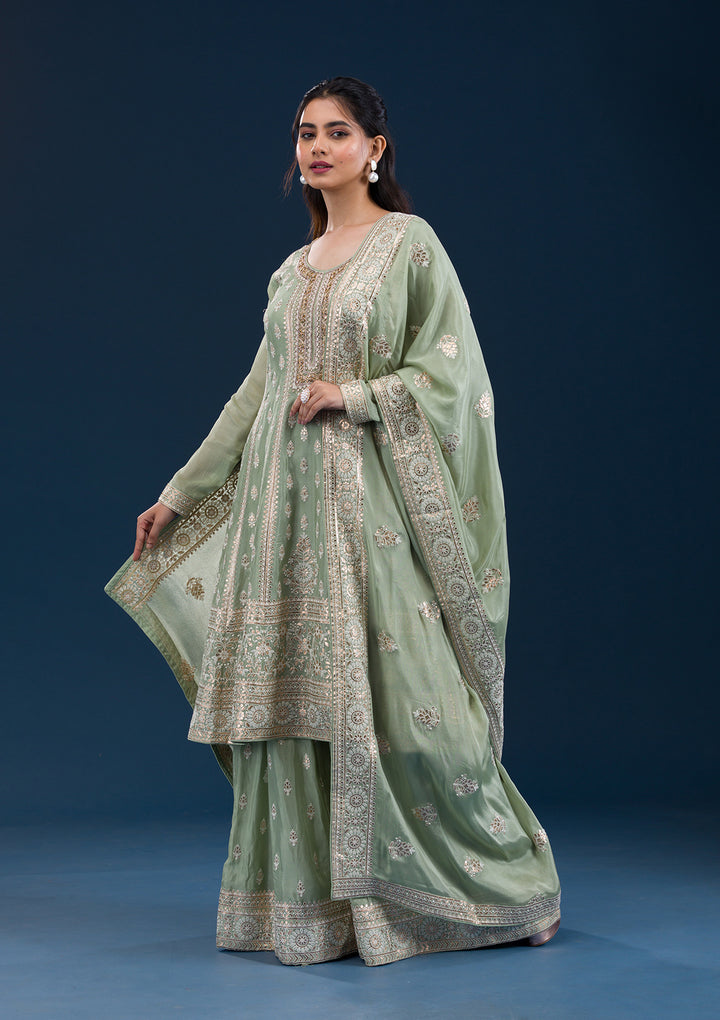 Pista Green Zariwork Semi Crepe Readymade Salwar Suit