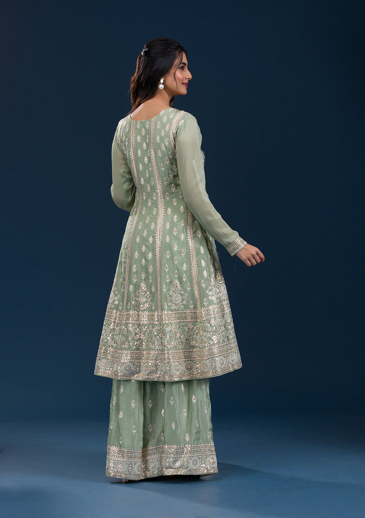 Pista Green Zariwork Semi Crepe Readymade Salwar Suit
