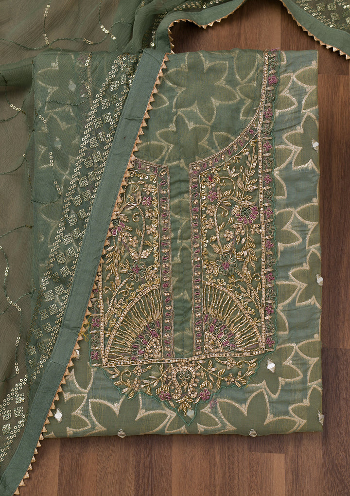 Pista Green Zariwork Semi Crepe Unstitched Salwar Suit