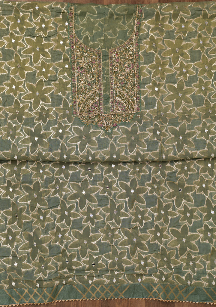 Pista Green Zariwork Semi Crepe Unstitched Salwar Suit