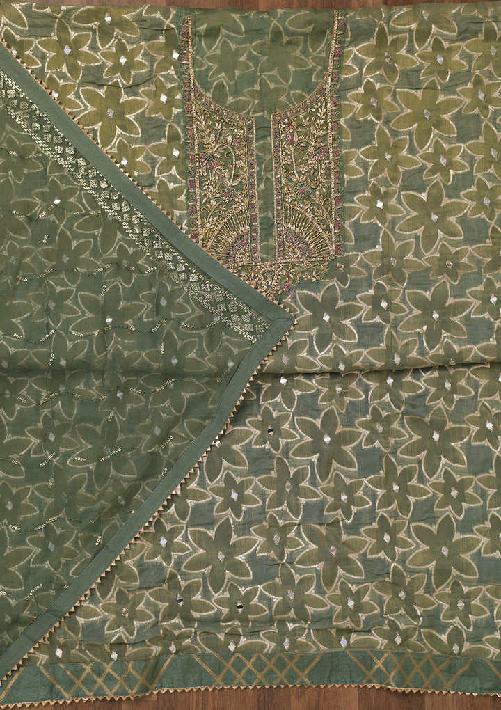 Pista Green Zariwork Semi Crepe Unstitched Salwar Suit