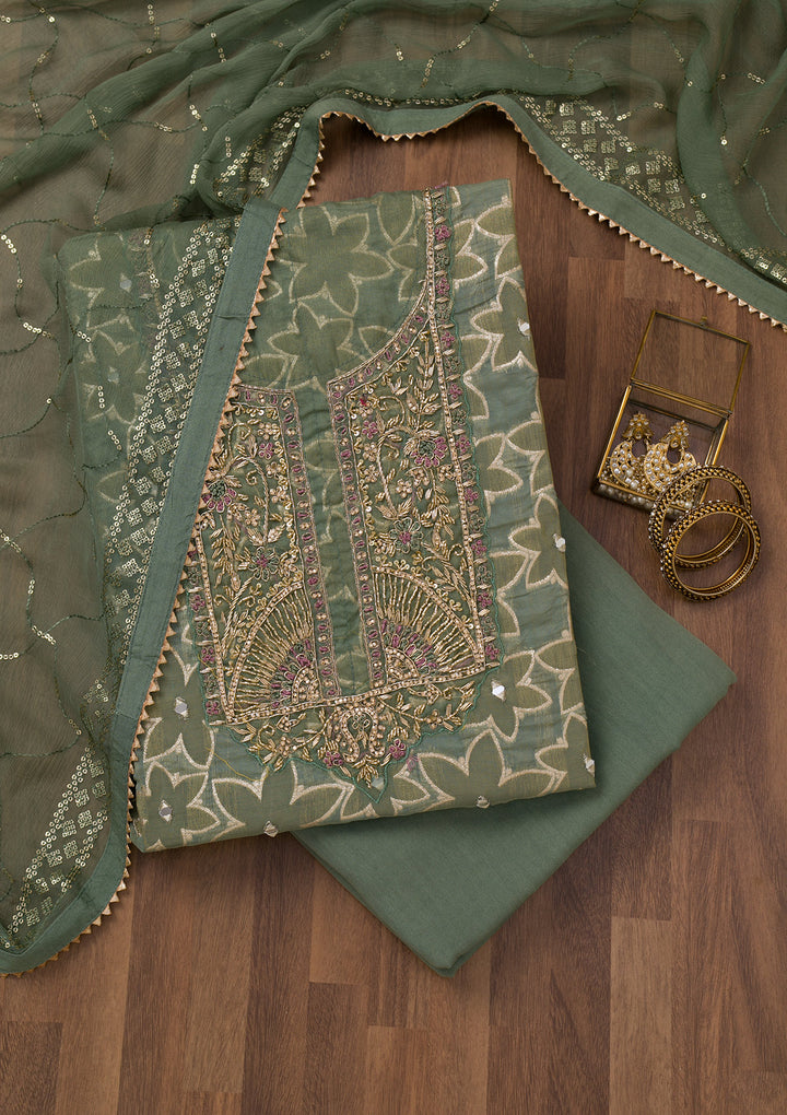 Pista Green Zariwork Semi Crepe Unstitched Salwar Suit