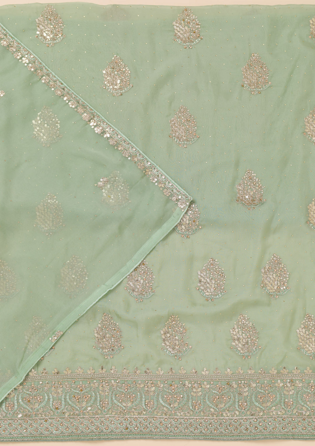 Pista Green Zariwork Semi Crepe Unstitched Salwar Suit