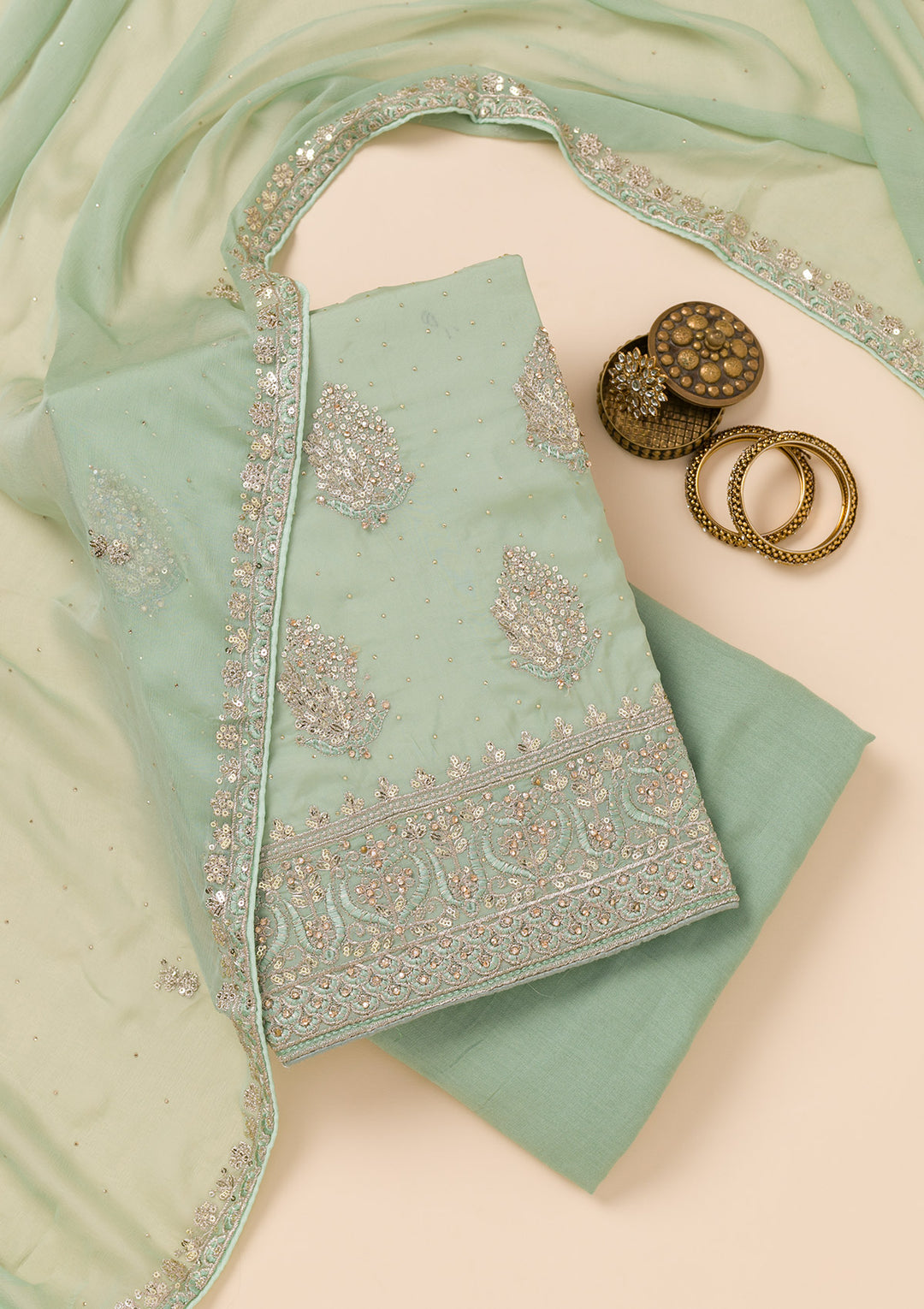 Pista Green Zariwork Semi Crepe Unstitched Salwar Suit
