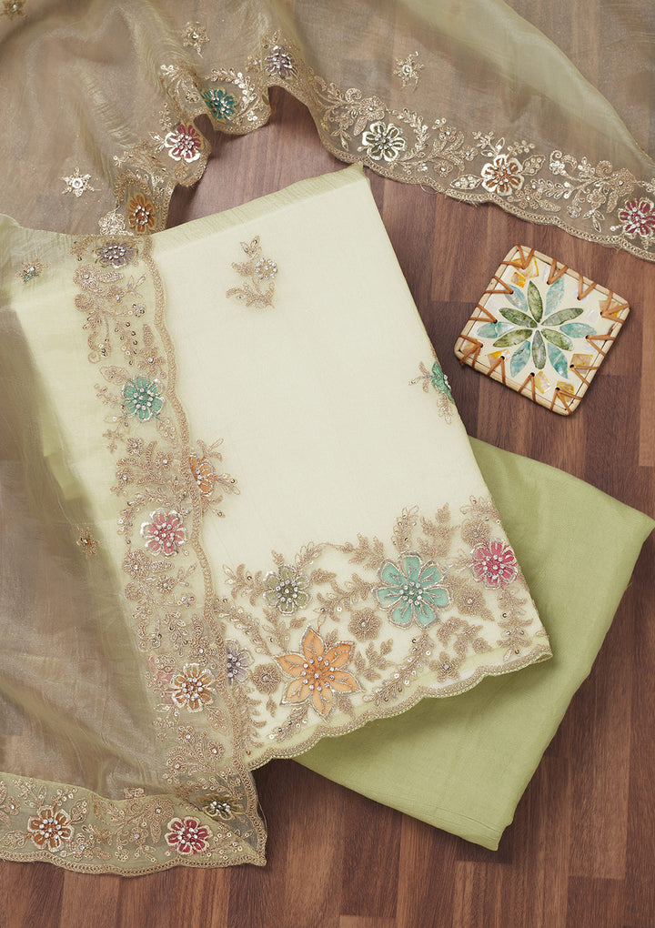Pista Green Zariwork Semi Crepe Unstitched Salwar Suit