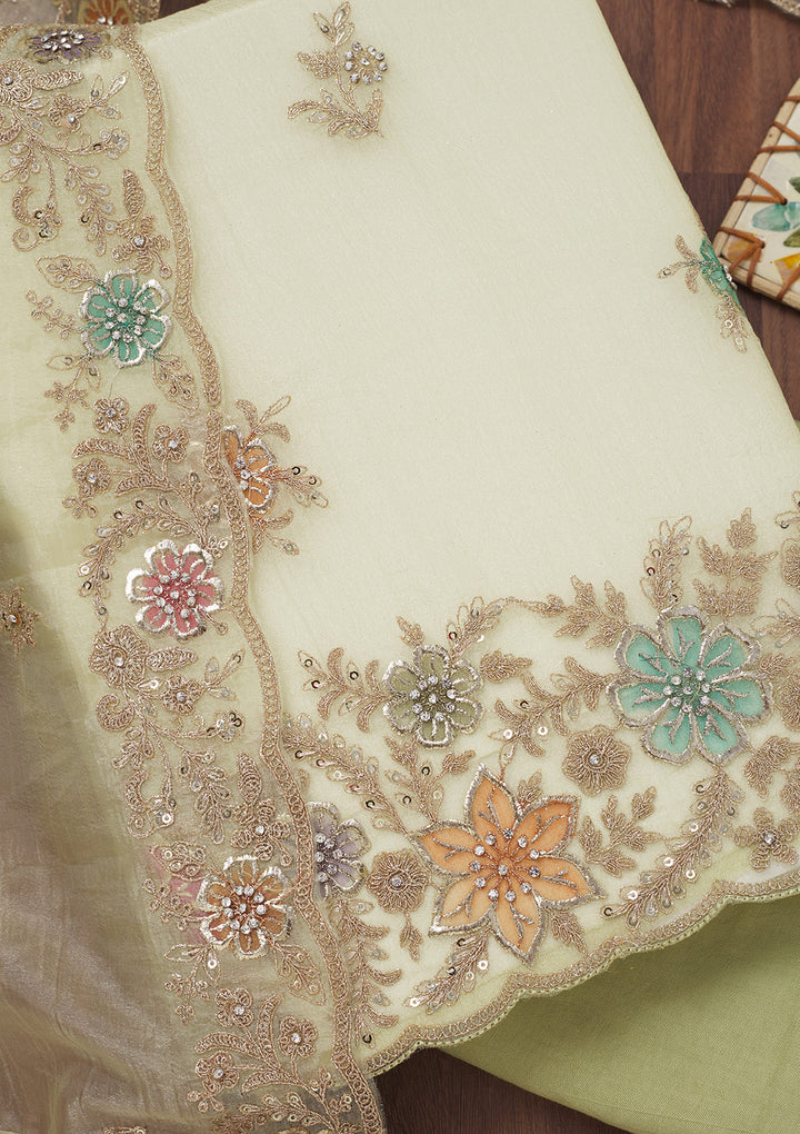 Pista Green Zariwork Semi Crepe Unstitched Salwar Suit