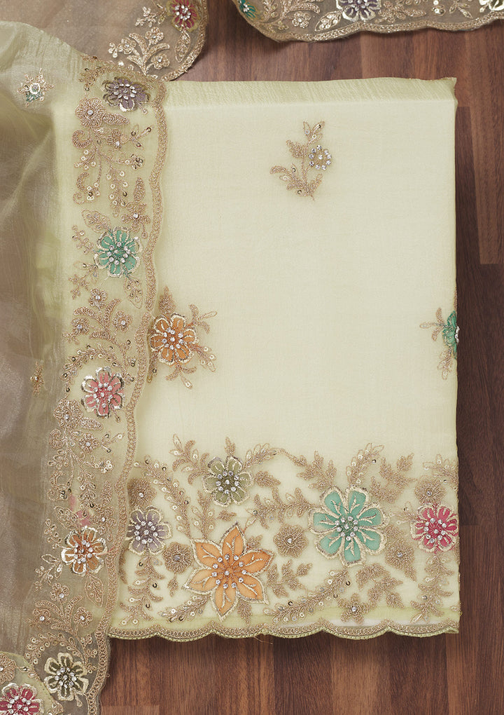 Pista Green Zariwork Semi Crepe Unstitched Salwar Suit