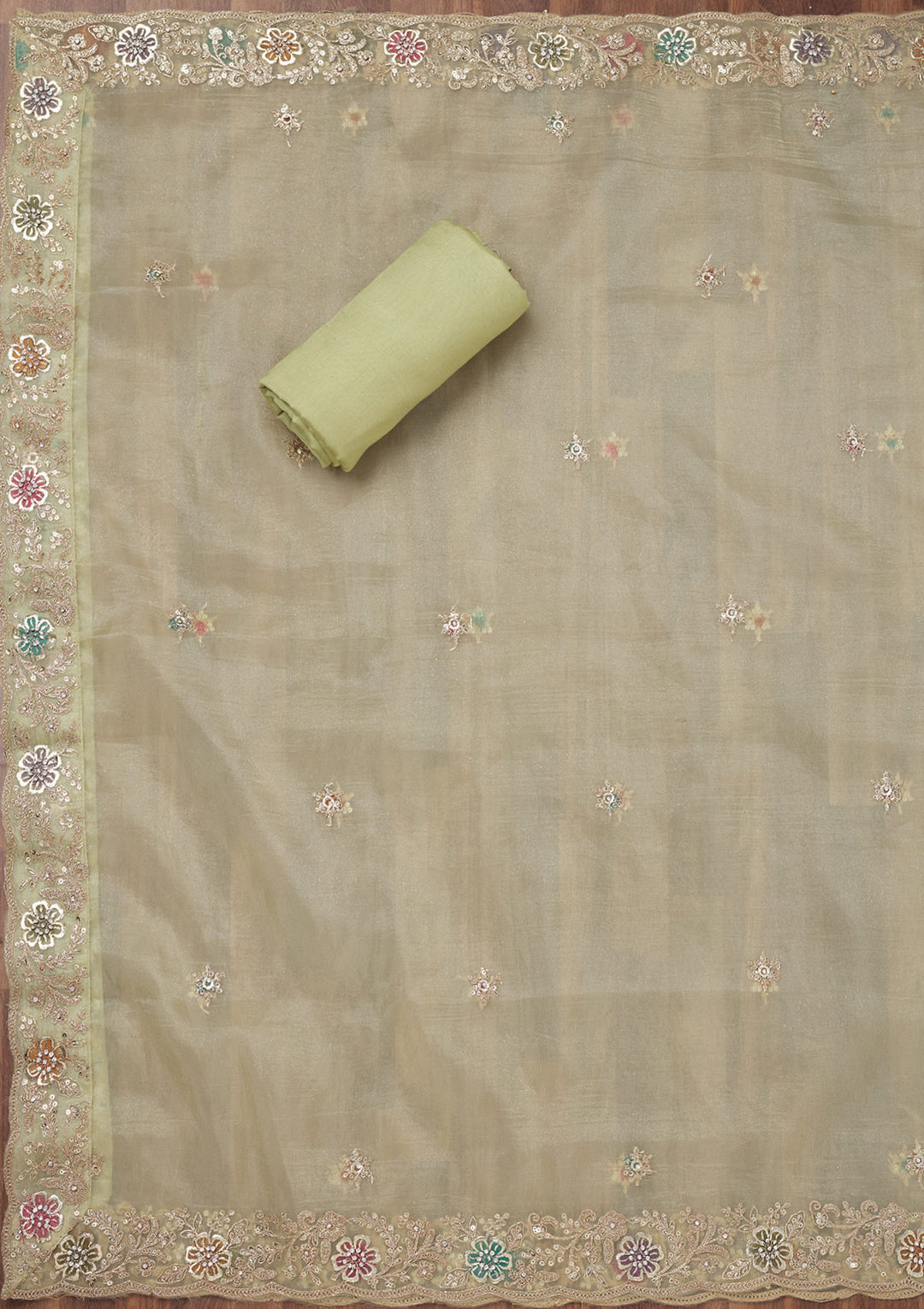 Pista Green Zariwork Semi Crepe Unstitched Salwar Suit