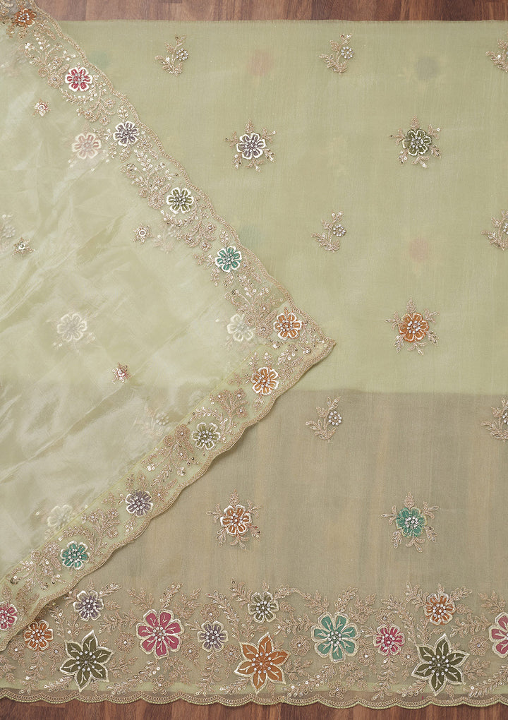Pista Green Zariwork Semi Crepe Unstitched Salwar Suit