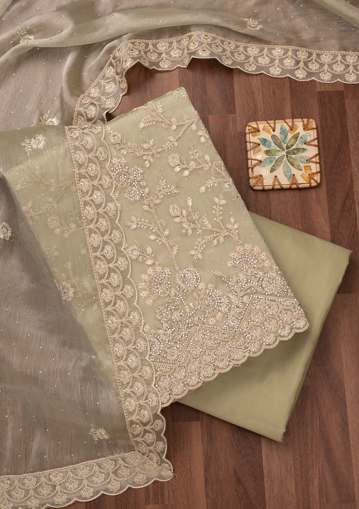 Pista Green Zariwork Semi Crepe Unstitched Salwar Suit