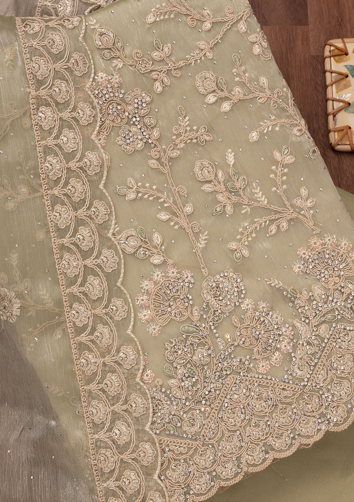Pista Green Zariwork Semi Crepe Unstitched Salwar Suit