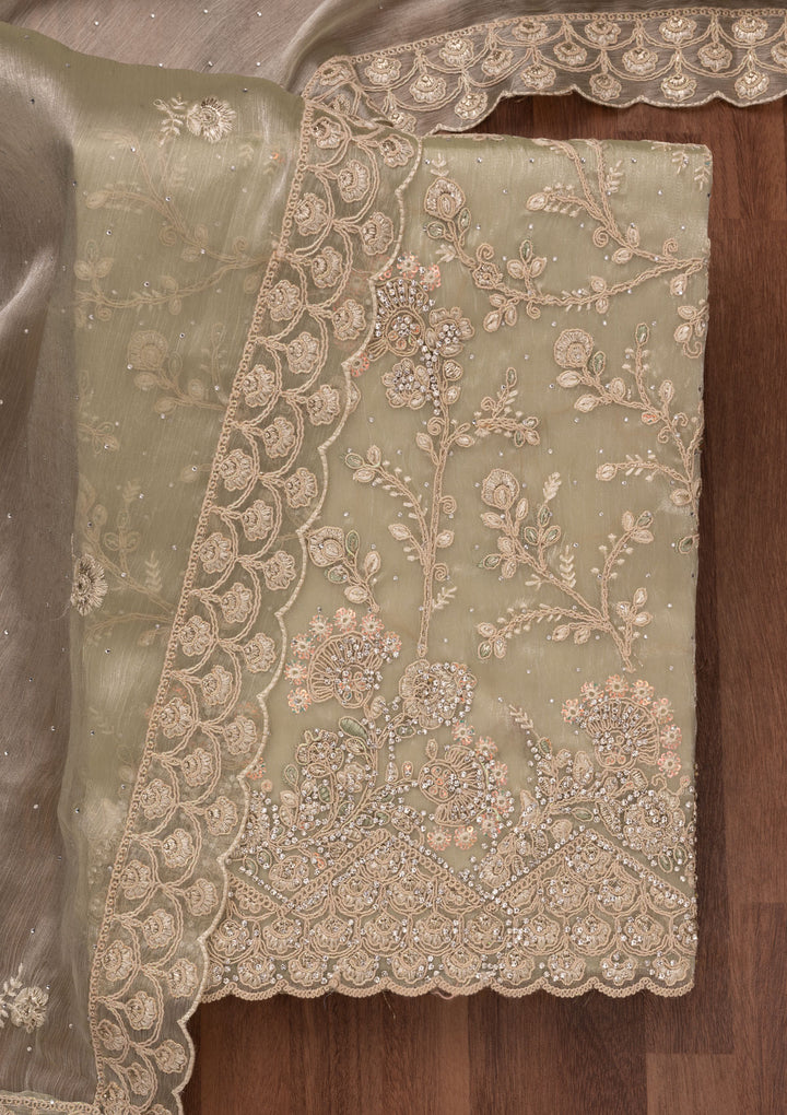 Pista Green Zariwork Semi Crepe Unstitched Salwar Suit