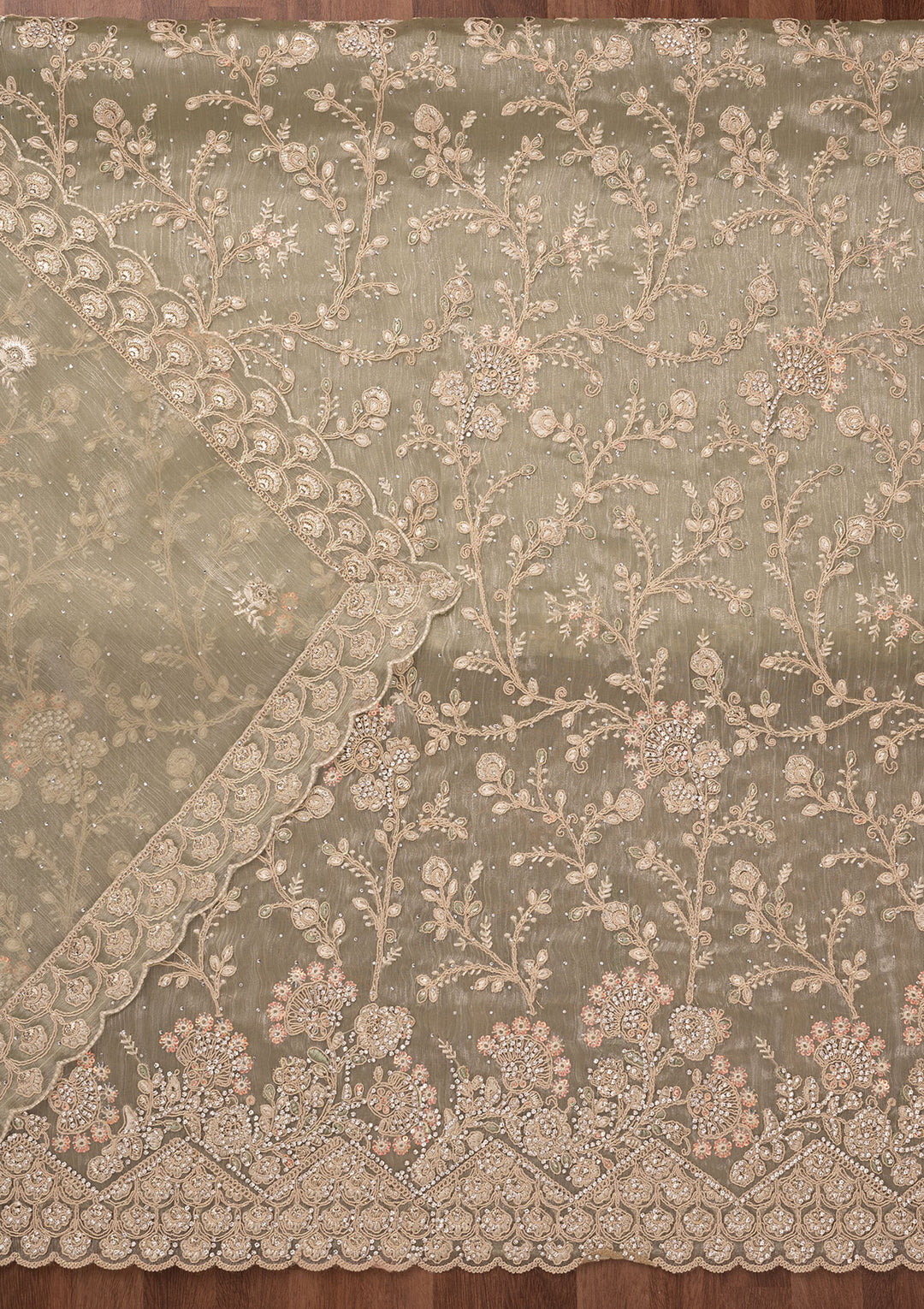 Pista Green Zariwork Semi Crepe Unstitched Salwar Suit