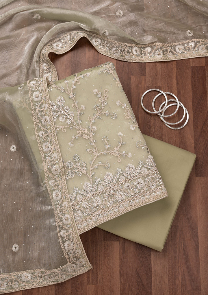 Pista Green Zariwork Semi Crepe Unstitched Salwar Suit