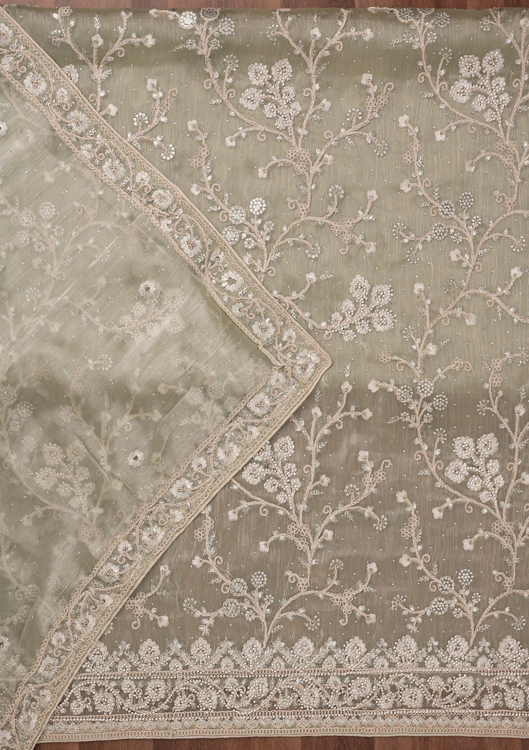 Pista Green Zariwork Semi Crepe Unstitched Salwar Suit