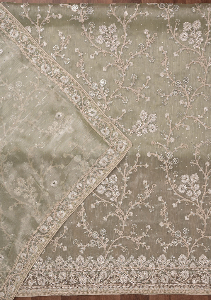 Pista Green Zariwork Semi Crepe Unstitched Salwar Suit