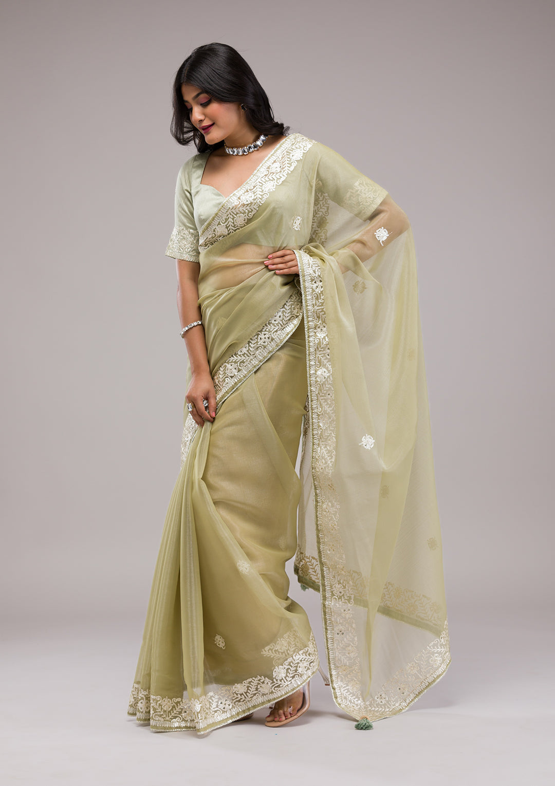 Pista Green Zariwork Semi Crepe Saree