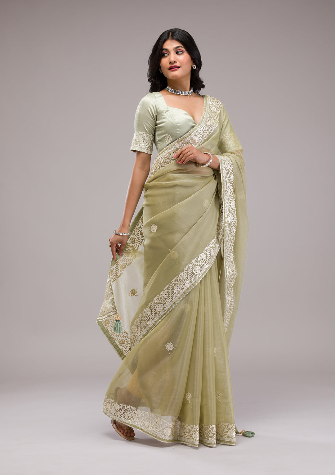 Pista Green Zariwork Semi Crepe Saree