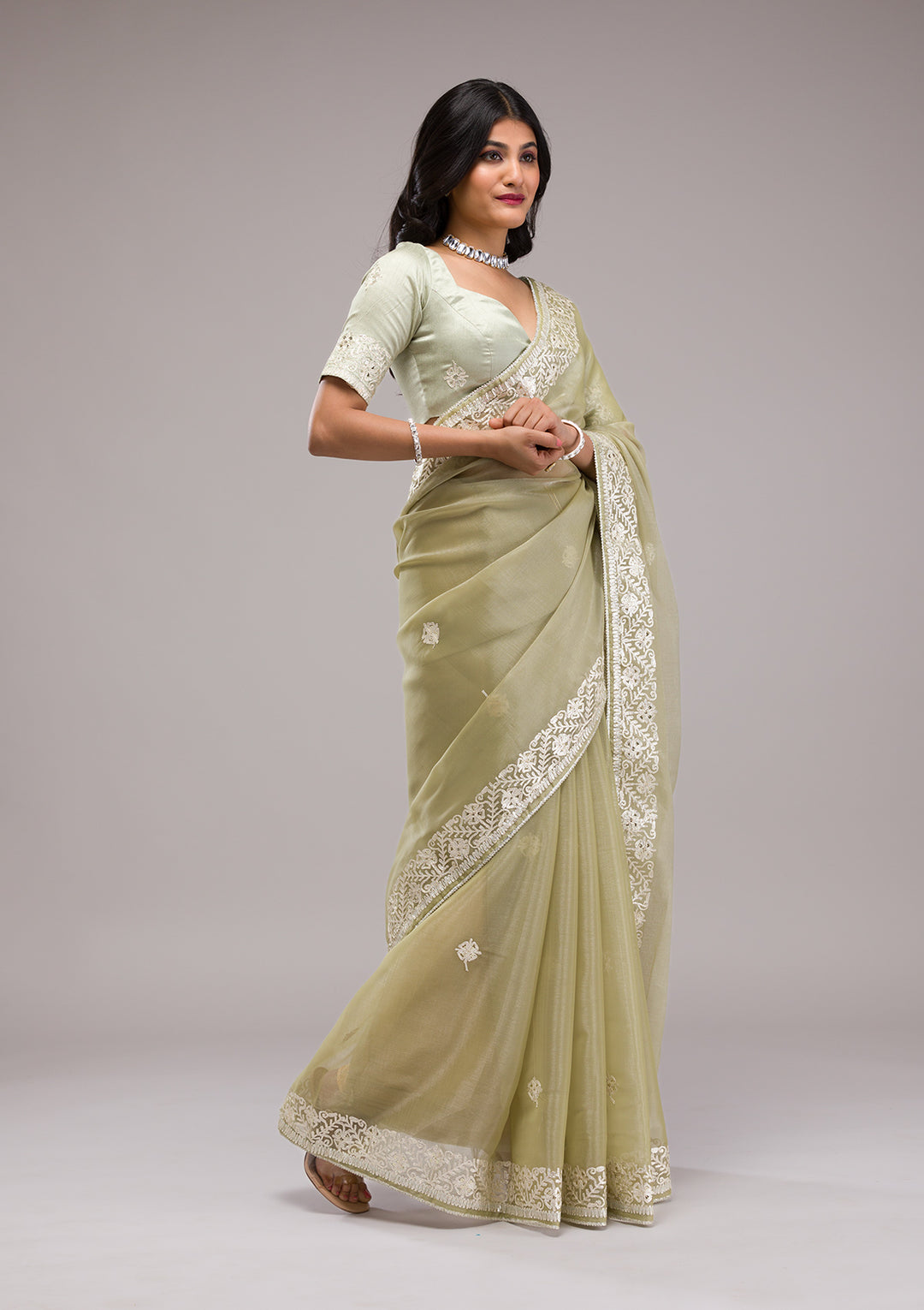Pista Green Zariwork Semi Crepe Saree
