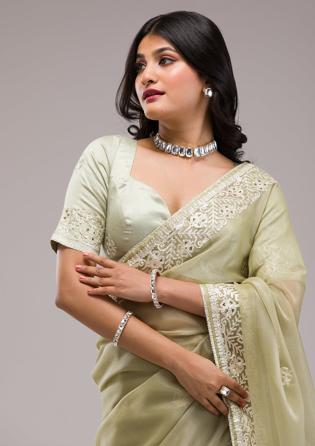 Pista Green Zariwork Semi Crepe Saree
