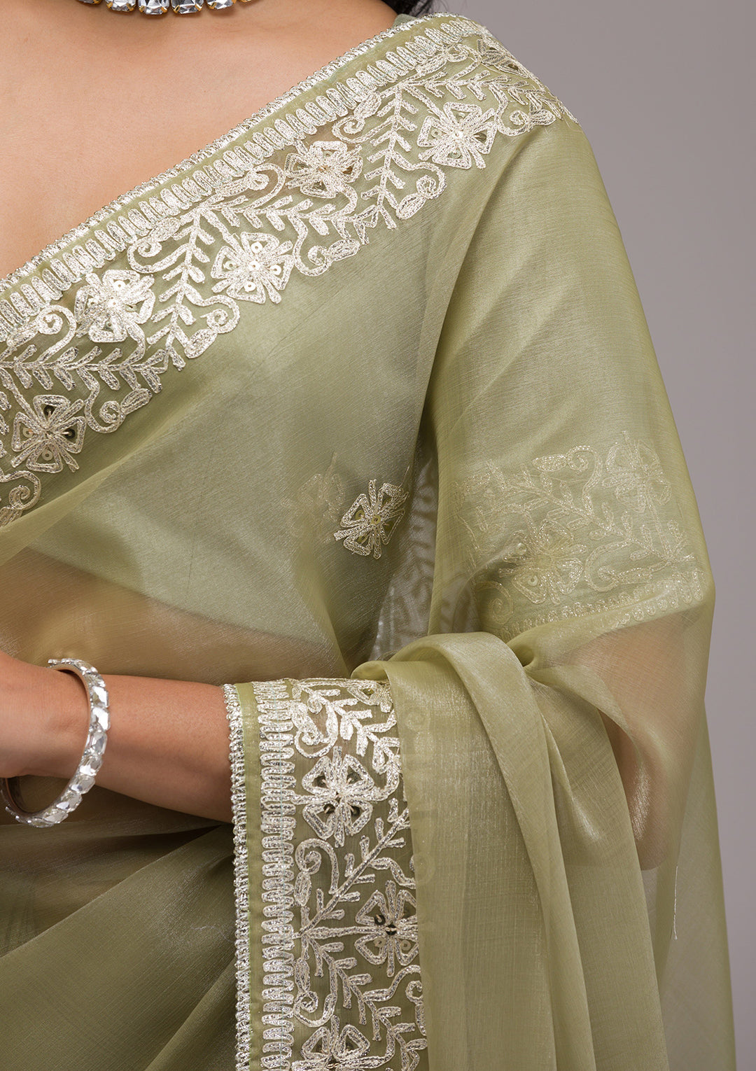Pista Green Zariwork Semi Crepe Saree