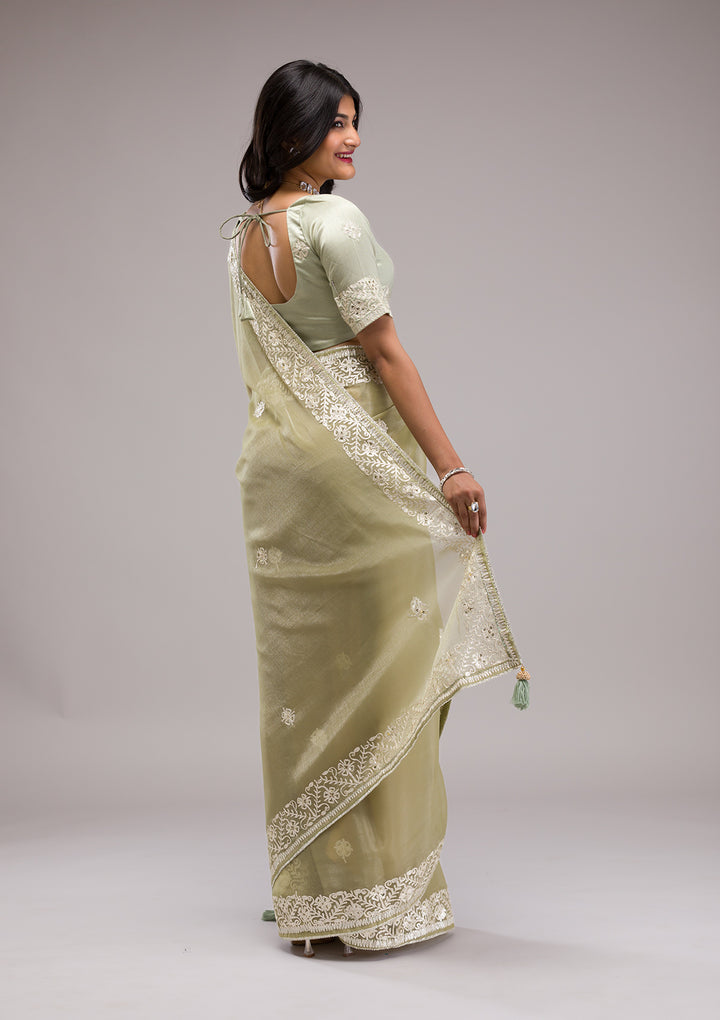 Pista Green Zariwork Semi Crepe Saree