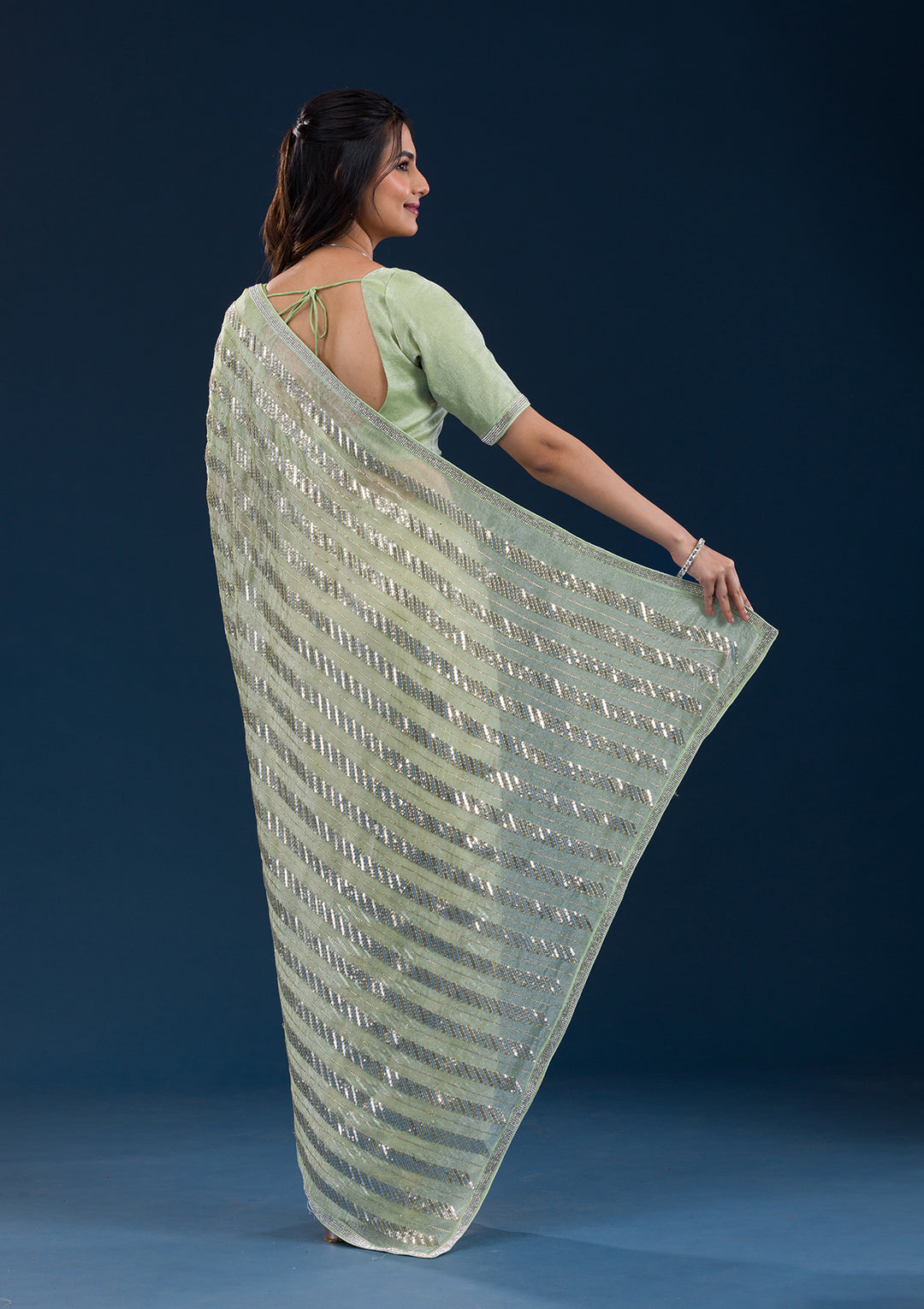 Pista Green Zariwork Semi Crepe Saree