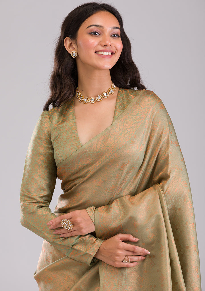 Pista Green Zariwork Soft Silk Saree