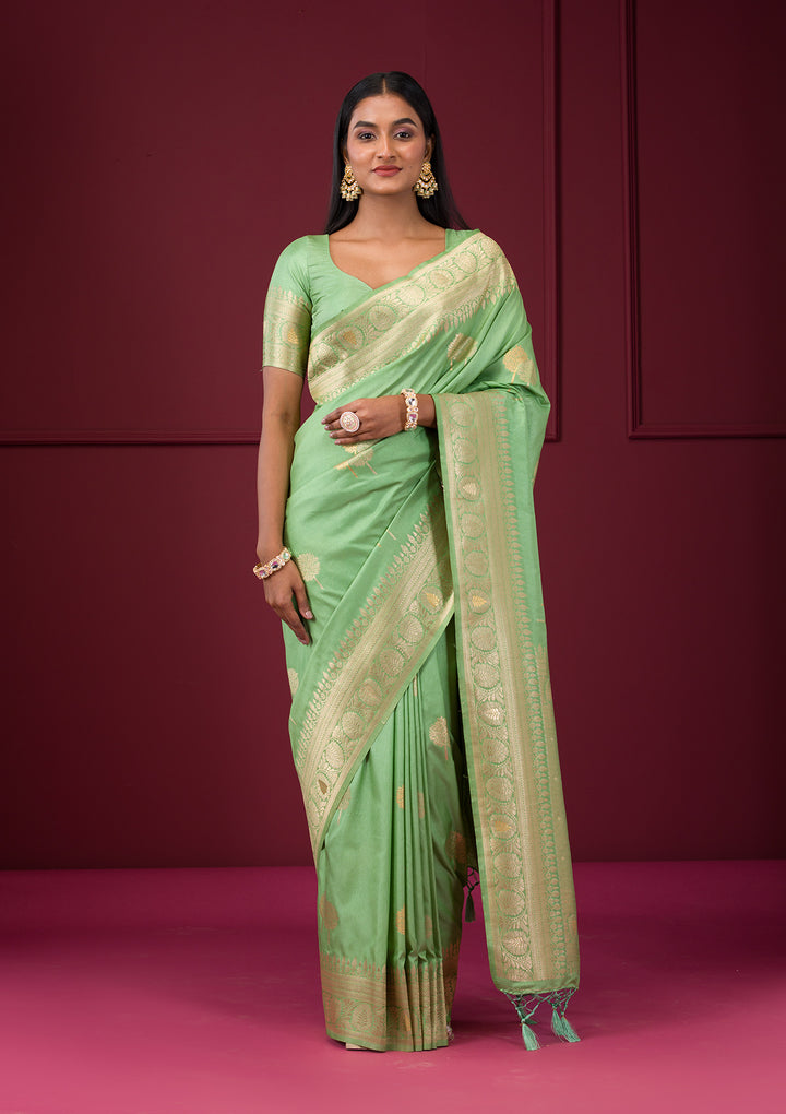 Pista Green Zariwork Soft Silk Saree