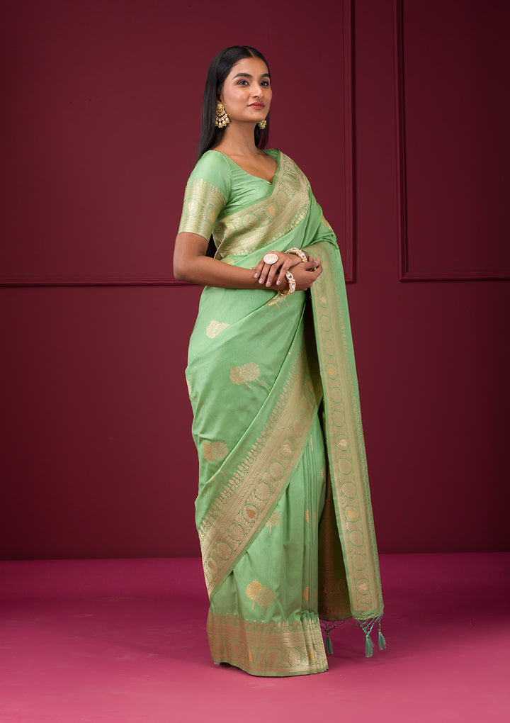 Pista Green Zariwork Soft Silk Saree
