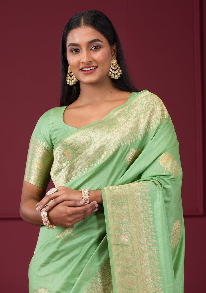 Pista Green Zariwork Soft Silk Saree
