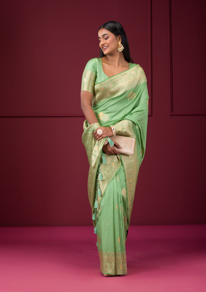 Pista Green Zariwork Soft Silk Saree