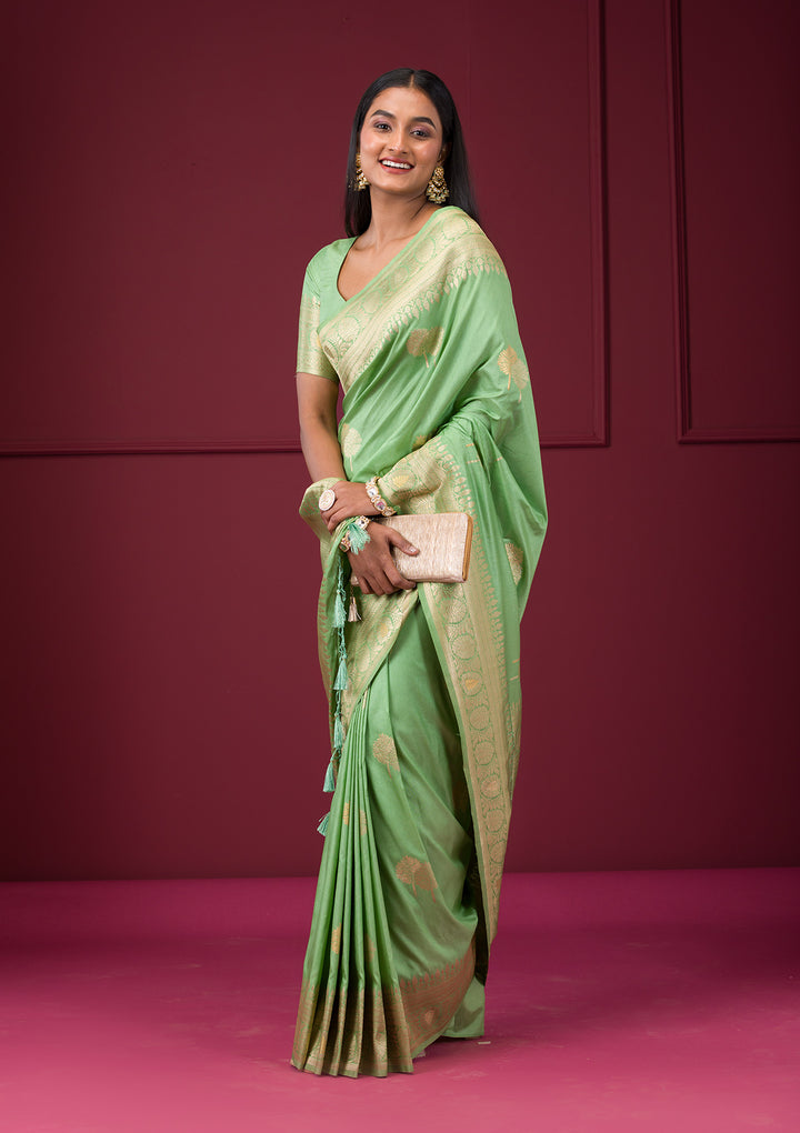 Pista Green Zariwork Soft Silk Saree