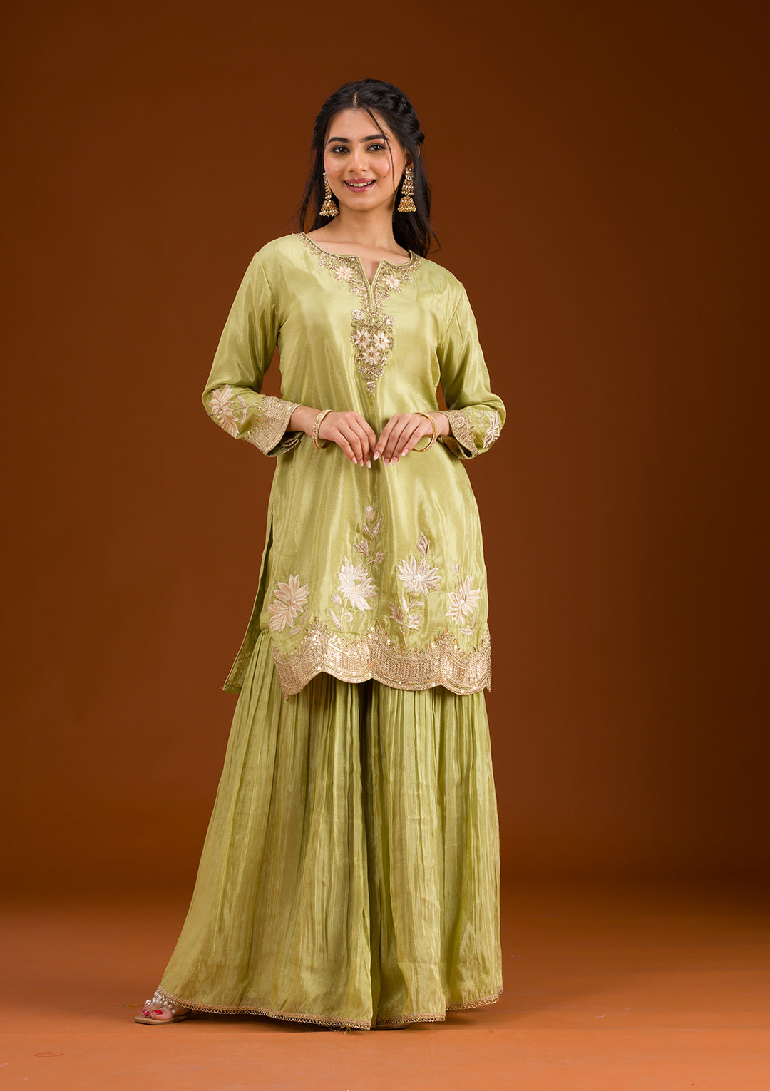Pista Green Zariwork Tissue Readymade Salwar Suit