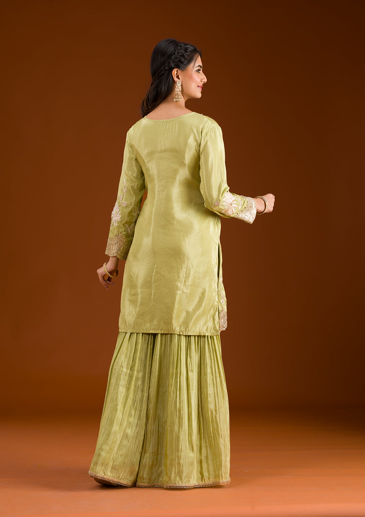 Pista Green Zariwork Tissue Readymade Salwar Suit