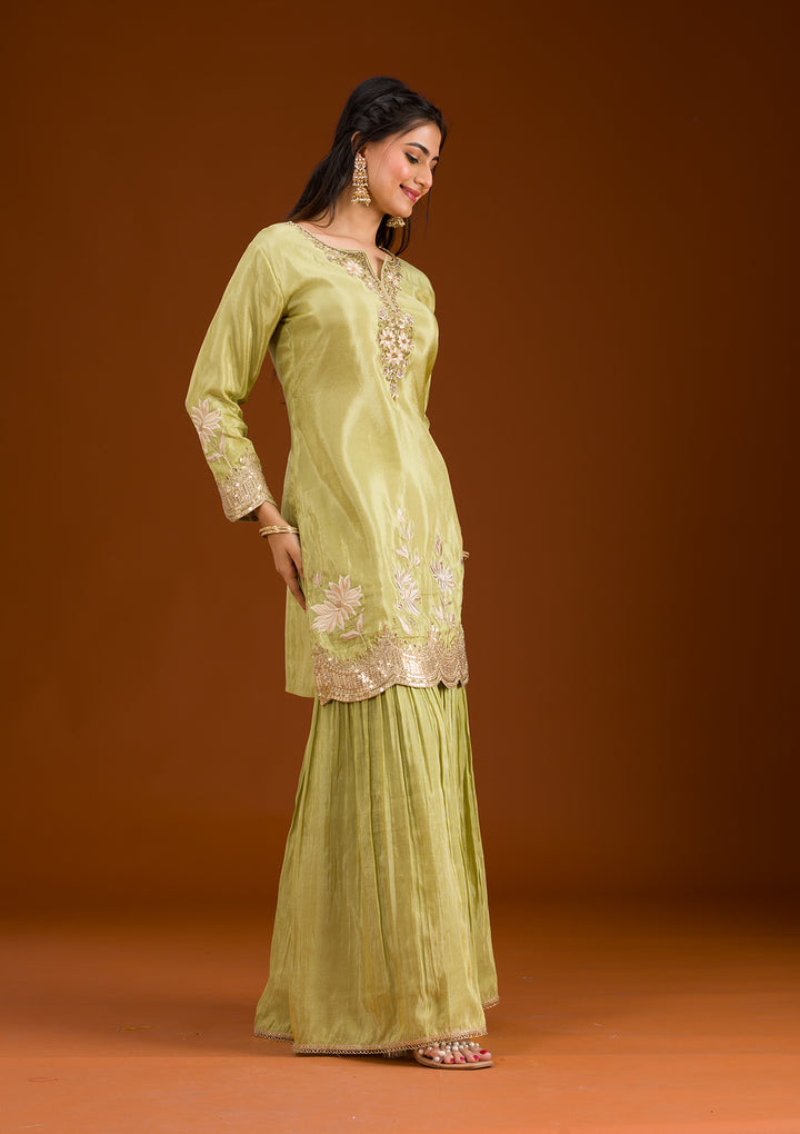Pista Green Zariwork Tissue Readymade Salwar Suit