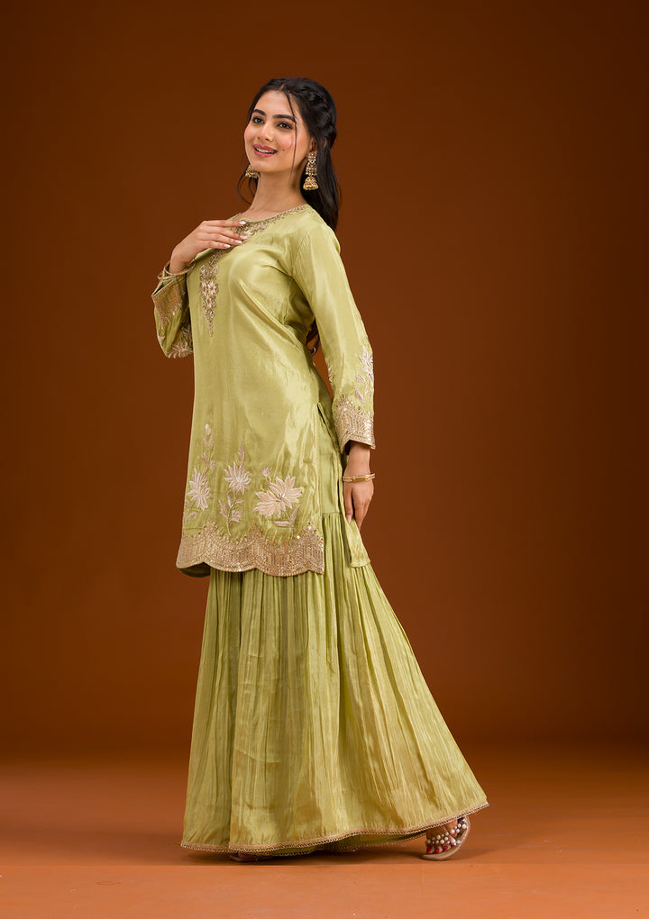 Pista Green Zariwork Tissue Readymade Salwar Suit